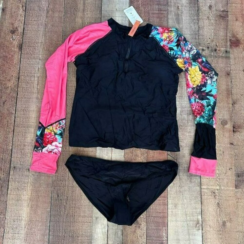 AONIHUA women's size XXL pink and black surf shirt with bikini bottom set